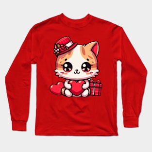 Valentine's Day Cute Cat Kitten With Hearts Long Sleeve T-Shirt